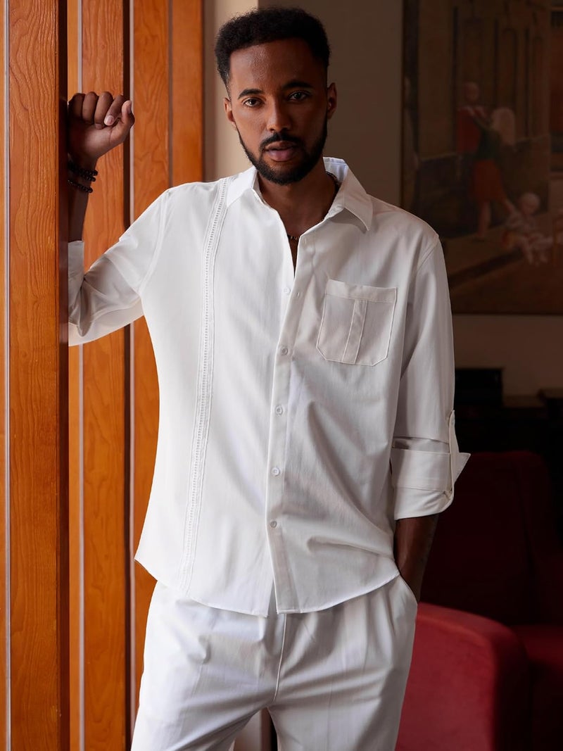 WEEN CHARM Mens Shirts Casual 2 Piece Long Sleeve Button Down Cuban Shirt and Pants Set Summer Beach Outfits - Image 5